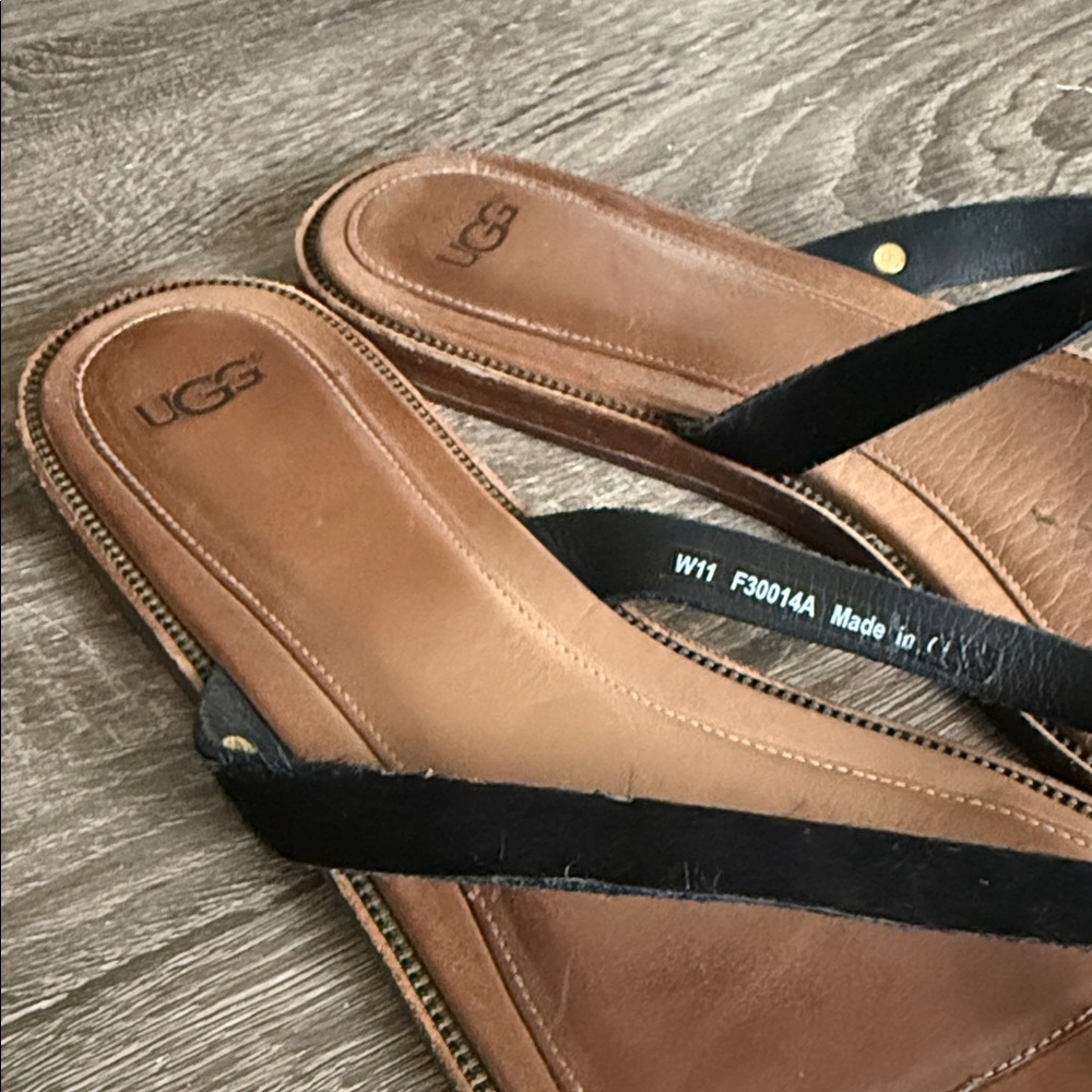 UGG Brown Leather Flip Sandals with Black Straps